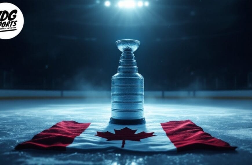 A silver hockey trophy sits on an ice rink illuminated by bright overhead lights, with a Canadian flag spread out beneath it. The rink is dark except for the spotlight on the trophy and flag. The VDG Sports logo appears in the top left corner.