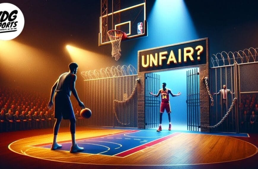 A basketball player stands ready to shoot, facing an opponent in a gated court labeled “UNFAIR?” with barbed wire on top. Dramatic lighting and a crowd highlight the sense of restriction and inequality, reminiscent of NBA draft barriers.