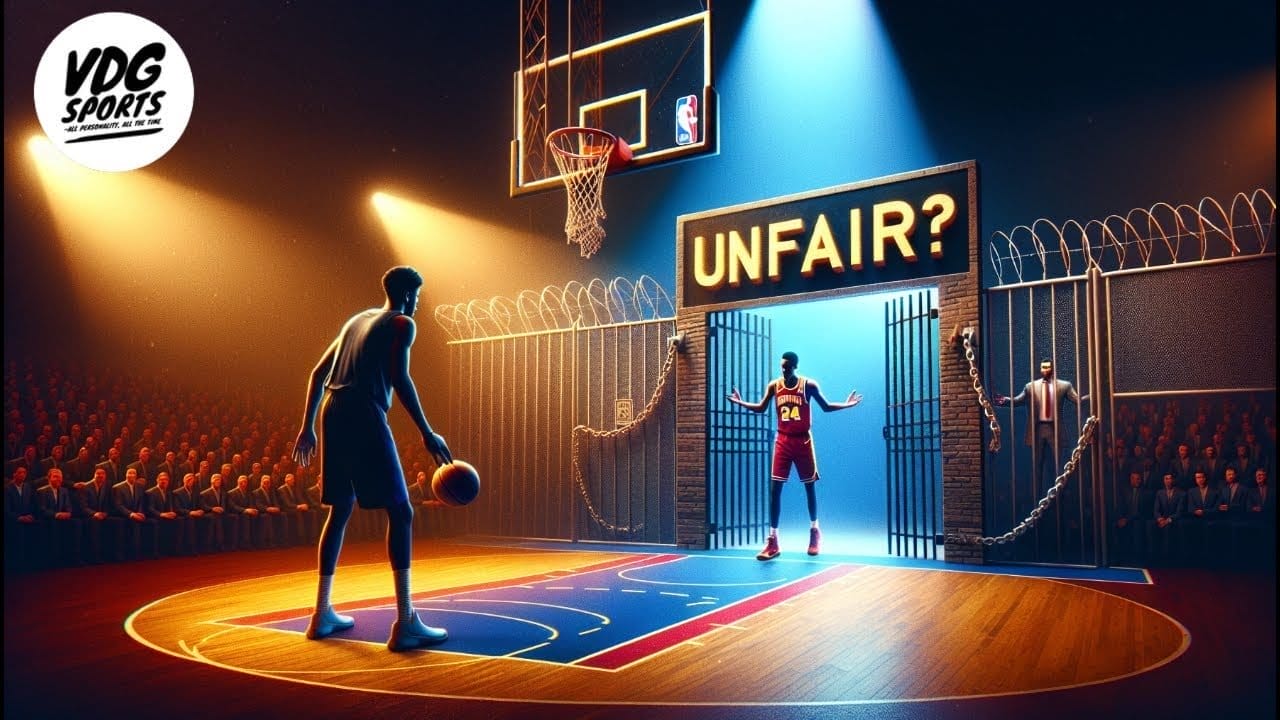 A basketball player stands ready to shoot, facing an opponent in a gated court labeled “UNFAIR?” with barbed wire on top. Dramatic lighting and a crowd highlight the sense of restriction and inequality, reminiscent of NBA draft barriers.