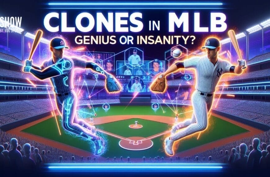 Two baseball pitchers face each other on a glowing stadium field. The left pitcher is futuristic with neon outlines; the right is in a classic pinstripe uniform. Above, bold text reads “CLONES IN MLB GENIUS OR INSANITY?” Digital screens and a cheering crowd fill the background.