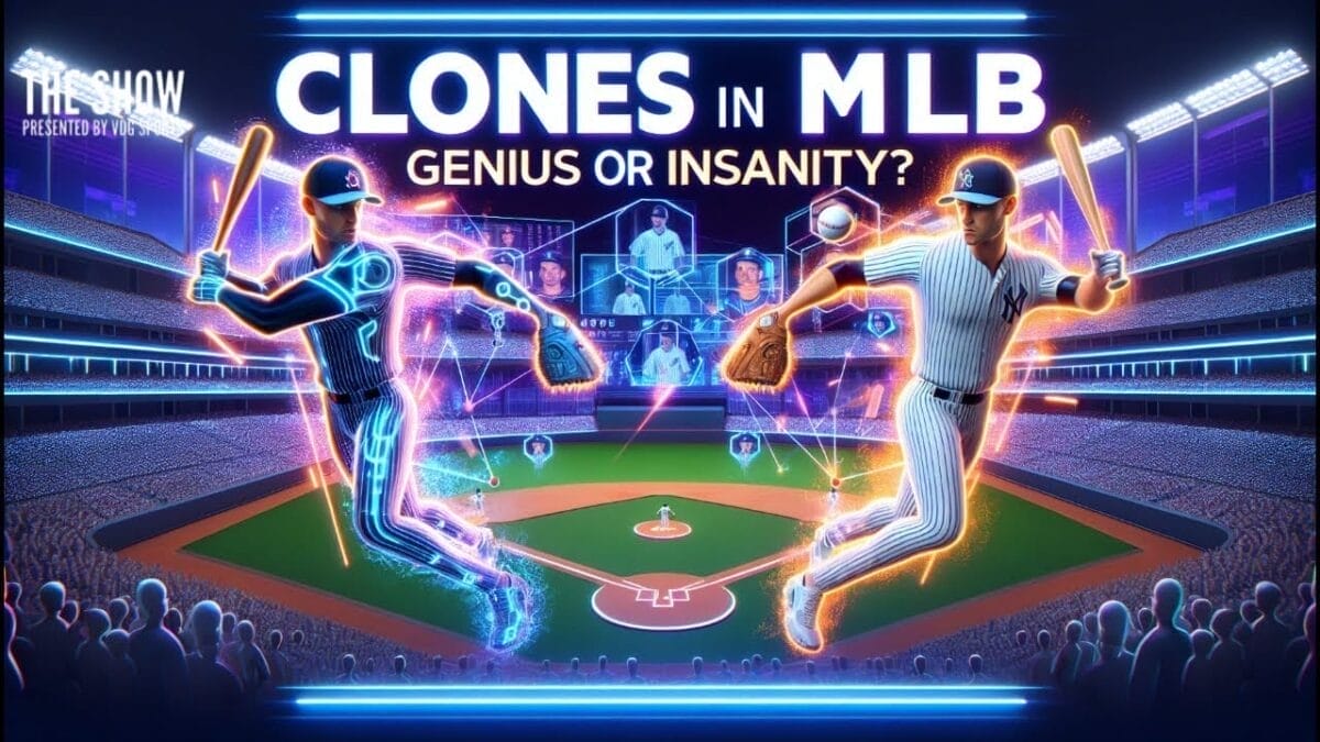 Two baseball pitchers face each other on a glowing stadium field. The left pitcher is futuristic with neon outlines; the right is in a classic pinstripe uniform. Above, bold text reads “CLONES IN MLB GENIUS OR INSANITY?” Digital screens and a cheering crowd fill the background.
