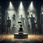 A basketball trophy, reminiscent of an MVP award for the greatest NBA player of all time, is displayed on a pedestal center court. Sculpted reliefs and spotlights heighten the drama, while "EMPIRE" and "DESIRE" signs add to the immersive atmosphere.