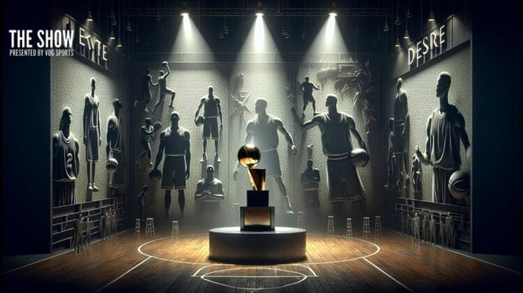 A basketball trophy, reminiscent of an MVP award for the greatest NBA player of all time, is displayed on a pedestal center court. Sculpted reliefs and spotlights heighten the drama, while "EMPIRE" and "DESIRE" signs add to the immersive atmosphere.