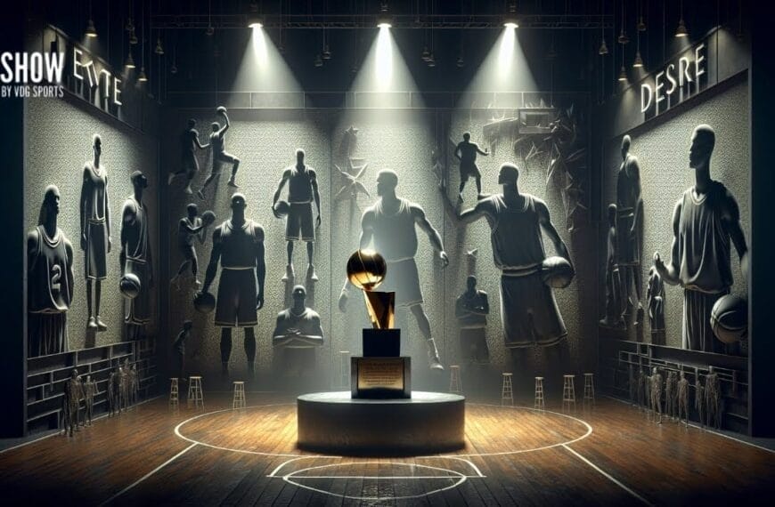 A basketball trophy, reminiscent of an MVP award for the greatest NBA player of all time, is displayed on a pedestal center court. Sculpted reliefs and spotlights heighten the drama, while "EMPIRE" and "DESIRE" signs add to the immersive atmosphere.