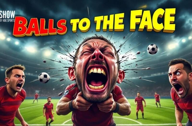 A dramatic illustration of footballers pretending as a soccer player in a red uniform reacts in pain from a ball to the face, with exaggerated expressions and motion lines. Three other players look shocked. Bold yellow and red text at the top reads “BALLS TO THE FACE.”.