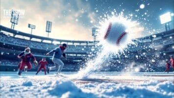 A baseball explodes through a cloud of snow on a snowy field, with players in winter gear running toward it. The stadium's lights shine brightly, and the stands are filled with snow. The scene merges baseball action with a wintry atmosphere.