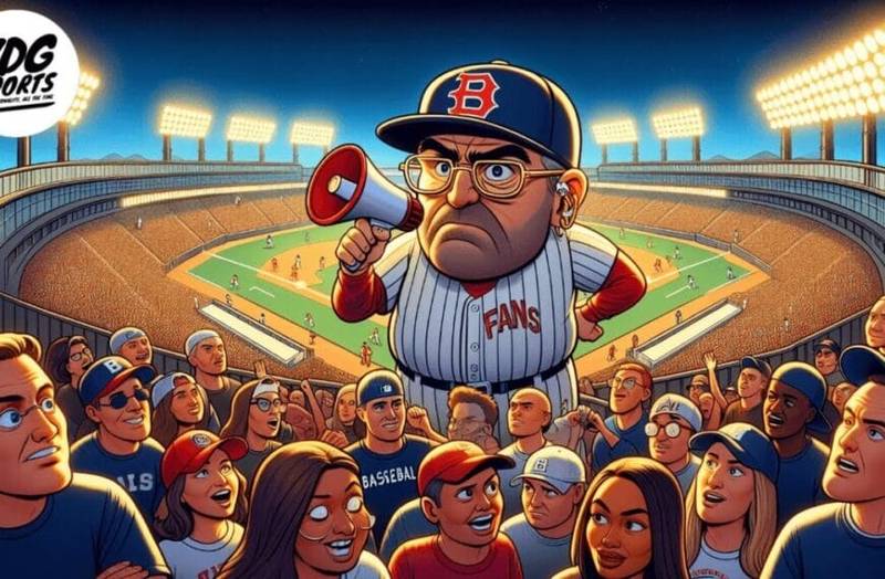 A stern baseball fan in a jersey and cap, armed with a megaphone, proclaims his MLB truth above a diverse, animated crowd at a brightly lit stadium. Fans react with surprise and excitement as a baseball game unfolds in the background.
