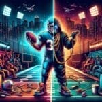 A stylized split-image shows a football player on a field; one side is bright with a lively crowd and clean surroundings, the other is dark with scattered trash and fewer fans. City skyline and airplanes appear in the background. "VDG Sports" logo is at the top left.