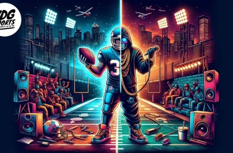 A stylized split-image shows a football player on a field; one side is bright with a lively crowd and clean surroundings, the other is dark with scattered trash and fewer fans. City skyline and airplanes appear in the background. "VDG Sports" logo is at the top left.