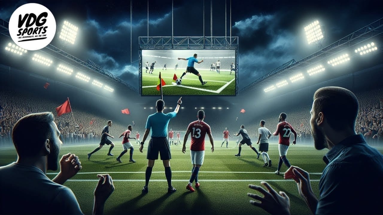 Under the floodlights, a soccer stadium buzzes with energy as players dash across the field and a referee points decisively. The audience reacts to every move, their eyes fixed on the large digital screen that replayed an action with VAR precision. The stadium is filled with captivated spectators.