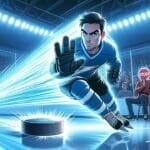 A cartoon hockey player in a blue jersey skates swiftly towards the puck with energy trails behind him, enhanced by NHL tracers. Spectators watch from the stands, and a referee sits on the sidelines holding a sign that reads "STOP." Stadium lights illuminate the scene.