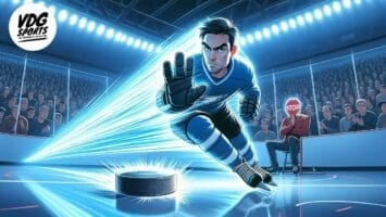 A cartoon hockey player in a blue jersey skates swiftly towards the puck with energy trails behind him, enhanced by NHL tracers. Spectators watch from the stands, and a referee sits on the sidelines holding a sign that reads "STOP." Stadium lights illuminate the scene.