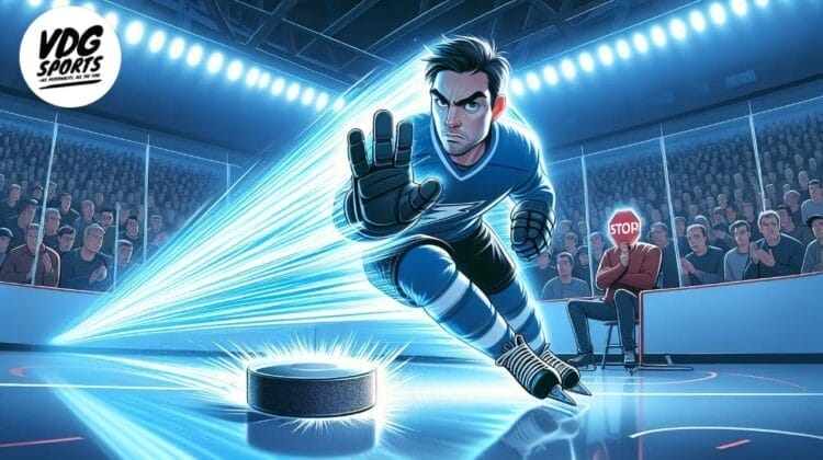 A cartoon hockey player in a blue jersey skates swiftly towards the puck with energy trails behind him, enhanced by NHL tracers. Spectators watch from the stands, and a referee sits on the sidelines holding a sign that reads "STOP." Stadium lights illuminate the scene.
