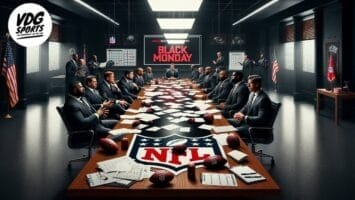 A large boardroom hosts a long table laden with NFL-related items—footballs and papers strewn about. Men in suits are deep in discussion beneath a sign reading "NFL Black Monday.