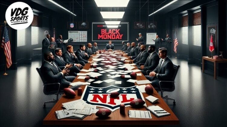 A large boardroom hosts a long table laden with NFL-related items—footballs and papers strewn about. Men in suits are deep in discussion beneath a sign reading "NFL Black Monday.