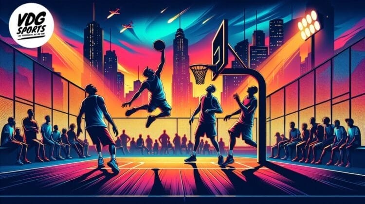 A vibrant illustration captures an NBA-inspired nighttime basketball game on an outdoor city court. One fearless player leaps towards the hoop, while others watch intently. The sky glows with colorful hues against towering skyscrapers, as spectators sit along the sides.