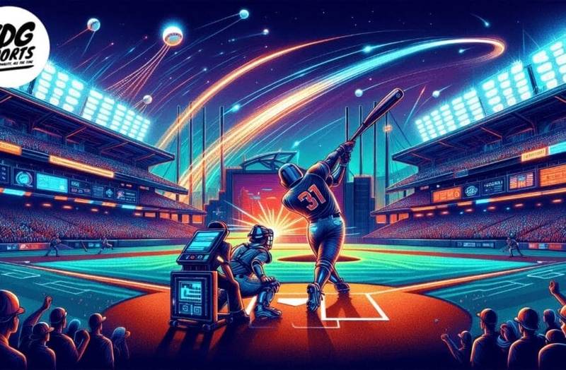 A futuristic MLB All-Star baseball stadium glows with neon lights. A batter swings as a catcher and umpire watch. Robots and screens surround the field, while comet-like streaks arc through the colorful night sky. "VDG Sports" logo appears in the corner.