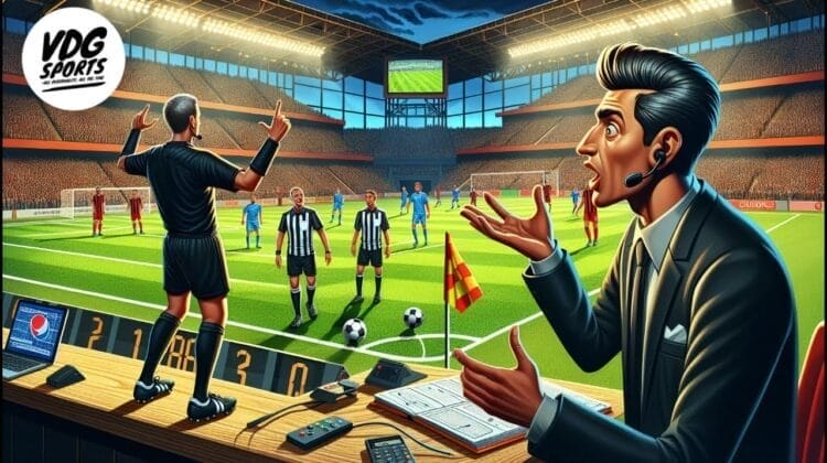 A dramatic soccer match is underway in a large stadium. As the referee signals and players prepare for a free kick, the competent commentator gestures beside notes, a microphone, and a scoreboard, analyzing every football problem unfolding on the pitch.