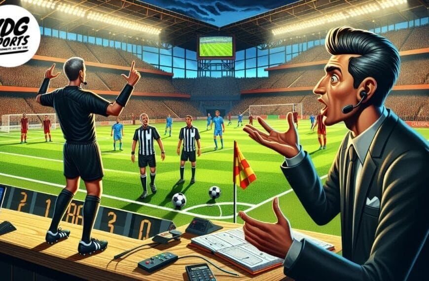 A dramatic soccer match is underway in a large stadium. As the referee signals and players prepare for a free kick, the competent commentator gestures beside notes, a microphone, and a scoreboard, analyzing every football problem unfolding on the pitch.