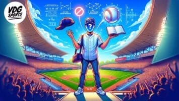 A faceless MLB fanatic stands on a stadium field, holding a book and baseball. A cap floats beside him. Above, baseball diagrams and formulas appear. The crowd cheers, with a “VDG Sports” logo in the top left corner of this colorful, dynamic scene.