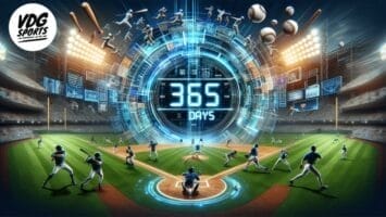 A futuristic baseball stadium is filled with players in action poses. In the center, a glowing digital display reads "MLB 365," surrounded by floating baseballs and dynamic graphics. Bright stadium lights and screens illuminate the vibrant, energetic scene.
