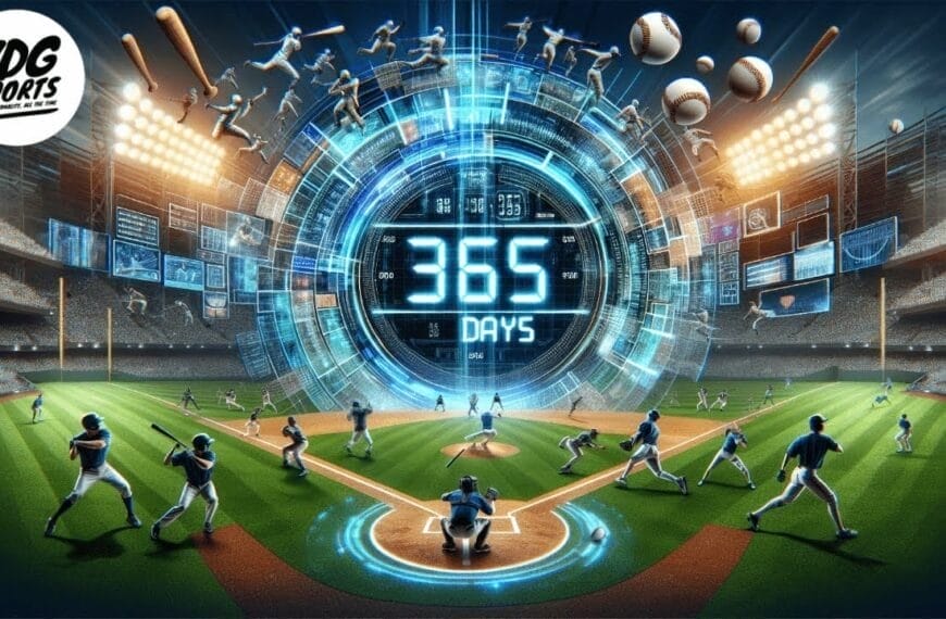 A futuristic baseball stadium is filled with players in action poses. In the center, a glowing digital display reads "MLB 365," surrounded by floating baseballs and dynamic graphics. Bright stadium lights and screens illuminate the vibrant, energetic scene.