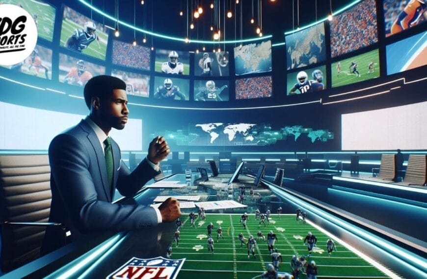 A man in a suit sits at a futuristic sports news desk with computer screens, football graphics, and NFL Neutral Site Games highlights. Behind him, walls of monitors show players, game footage, world maps, and the VDG Sports logo in the top left corner.
