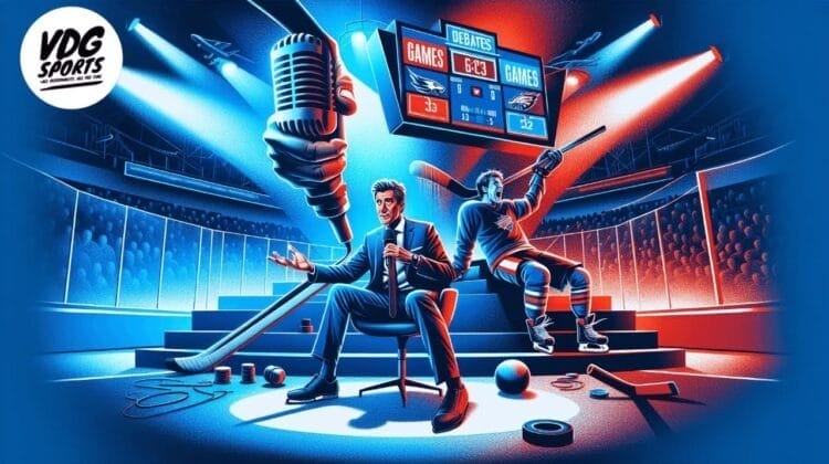 A sports commentator in a suit sits rinkside holding a microphone as a hockey player poses behind him. Spotlights, a giant hand holding a mic, hockey gear, and a scoreboard showing a tied game decorate the vibrant, blue-and-red lit scene.