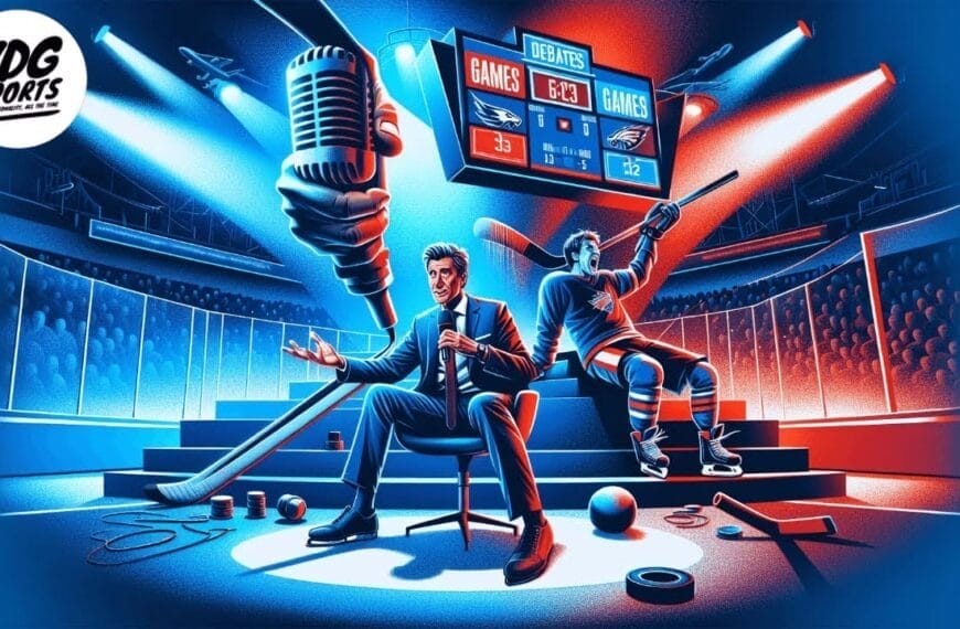 A sports commentator in a suit sits rinkside holding a microphone as a hockey player poses behind him. Spotlights, a giant hand holding a mic, hockey gear, and a scoreboard showing a tied game decorate the vibrant, blue-and-red lit scene.