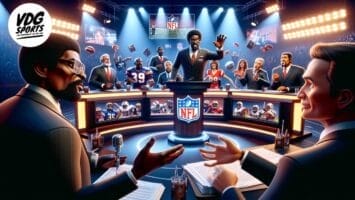 Illustration of sports analysts and hosts discussing NFL topics in a studio, with several monitors displaying football images. Two hosts at a table in the foreground gesture animatedly.