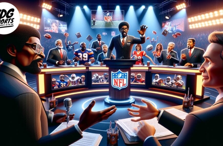 Illustration of sports analysts and hosts discussing NFL topics in a studio, with several monitors displaying football images. Two hosts at a table in the foreground gesture animatedly.