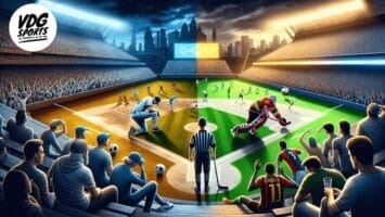 A vibrant stadium merges a baseball field on the left and a soccer field on the right. Players from MLB, MLS, and NHL face off as fans in varied uniforms cheer under city lights in the packed stands.