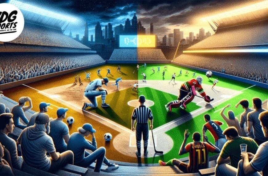 A vibrant stadium merges a baseball field on the left and a soccer field on the right. Players from MLB, MLS, and NHL face off as fans in varied uniforms cheer under city lights in the packed stands.