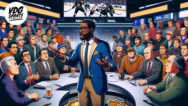 A well-dressed man stands addressing a diverse, animated crowd around a round NHL table. Amid lively spectators and analysts with drinks, the background suggests the NHL in trouble, highlighted by tense faces and key moments on the arena screen.