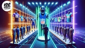 A futuristic digital display showcases holographic jerseys from both NFL and European football. A person in a suit gestures towards the center, highlighting a jersey. Silhouetted figures in suits flank the scene, as bright neon colors dominate the atmosphere.