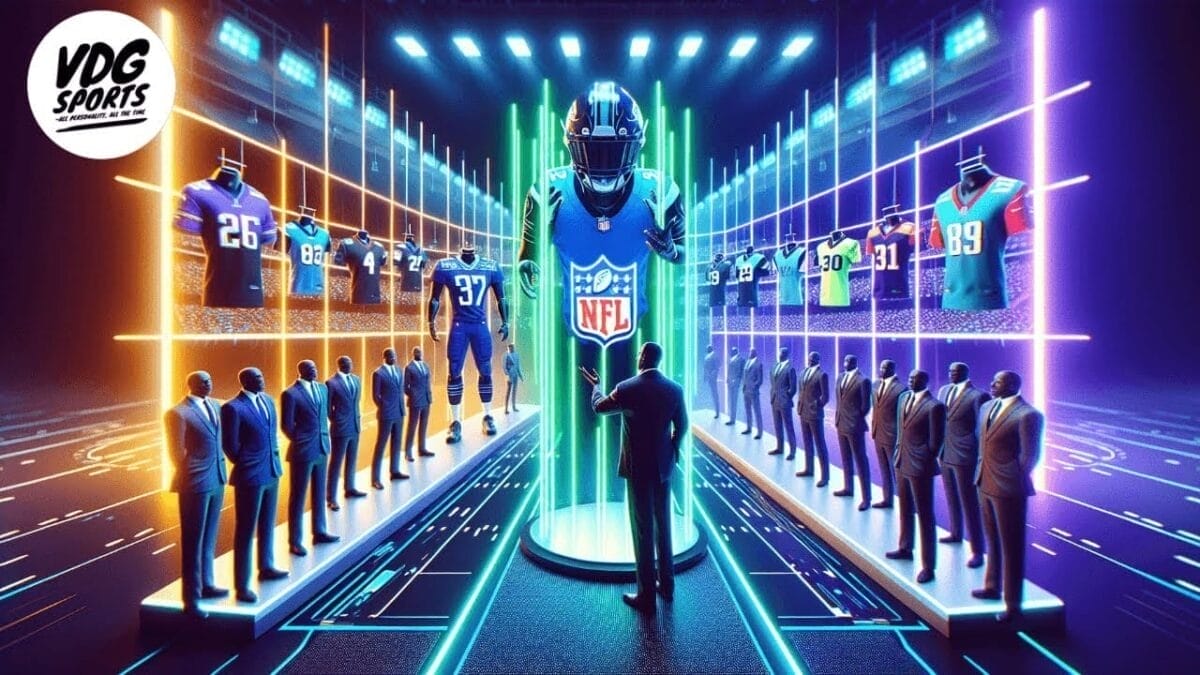 A futuristic digital display showcases holographic jerseys from both NFL and European football. A person in a suit gestures towards the center, highlighting a jersey. Silhouetted figures in suits flank the scene, as bright neon colors dominate the atmosphere.