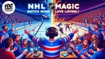 A hockey commentator in headphones animatedly calls a game from rinkside as NHL fans cheer. The ice splits with lightning, dividing two rival NHL teams. Text reads "NHL Magic Watch More, –Love Loving?" in a glowing arena full of excited spectators.