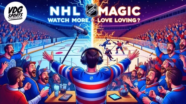 A hockey commentator in headphones animatedly calls a game from rinkside as NHL fans cheer. The ice splits with lightning, dividing two rival NHL teams. Text reads "NHL Magic Watch More, –Love Loving?" in a glowing arena full of excited spectators.