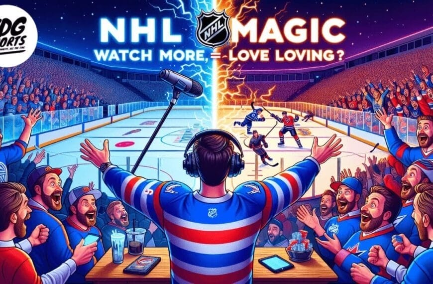 A hockey commentator in headphones animatedly calls a game from rinkside as NHL fans cheer. The ice splits with lightning, dividing two rival NHL teams. Text reads "NHL Magic Watch More, –Love Loving?" in a glowing arena full of excited spectators.