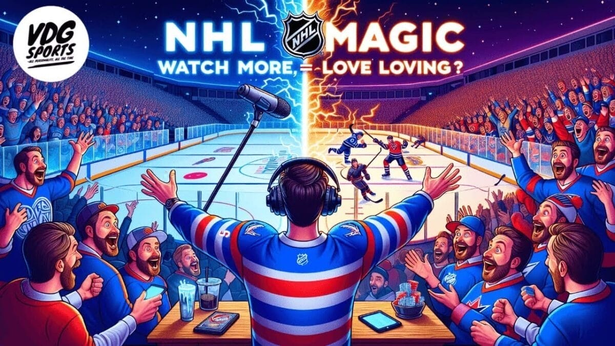 A hockey commentator in headphones animatedly calls a game from rinkside as NHL fans cheer. The ice splits with lightning, dividing two rival NHL teams. Text reads "NHL Magic Watch More, –Love Loving?" in a glowing arena full of excited spectators.