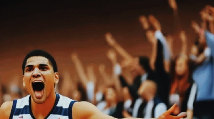 NBA is missing out on the electrifying energy as a basketball player celebrates on court with cheering fans in the background.