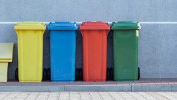 Four colorful recycling bins—yellow, blue, red, and green—stand like trash talkers against a gray wall on a paved surface.