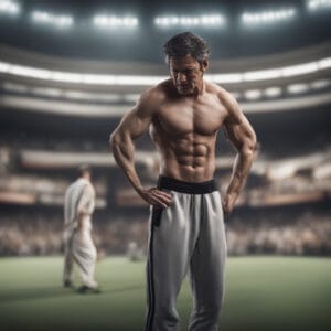 A muscular man in athletic pants stands in a stadium, his gaze thoughtful, exuding athlete emotional intelligence.