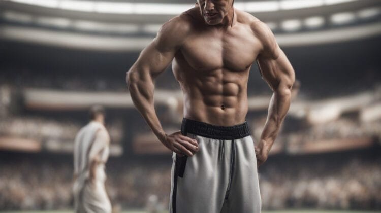 A muscular man in athletic pants stands in a stadium, his gaze thoughtful, exuding athlete emotional intelligence.