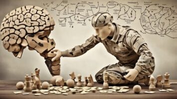 A soldier figure examines a large brain model, surrounded by chess pieces and maps, in a scene reminiscent of intelligent athletes strategizing their next move.