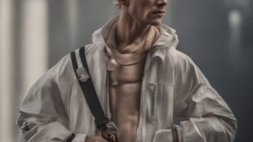 In a dimly lit, minimalist setting, an intelligent athlete dons a white jacket with a shoulder strap, glancing thoughtfully to the side.