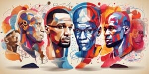 Colorful abstract painting of four men's faces entwined with vibrant hues and intricate patterns, reminiscent of the lively energy found in an NBA debate.