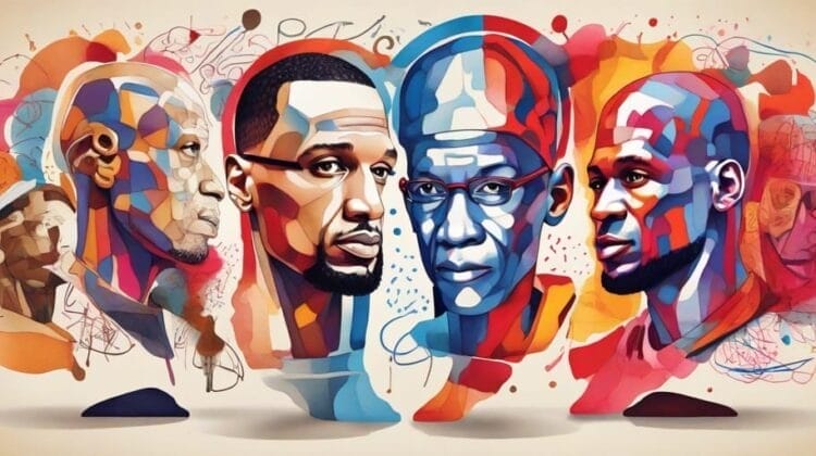 Colorful abstract painting of four men's faces entwined with vibrant hues and intricate patterns, reminiscent of the lively energy found in an NBA debate.