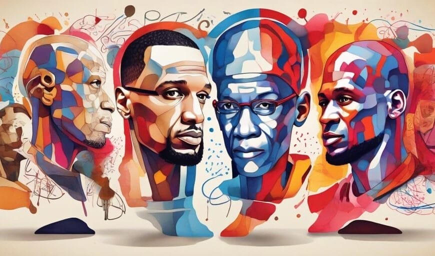 Colorful abstract painting of four men's faces entwined with vibrant hues and intricate patterns, reminiscent of the lively energy found in an NBA debate.