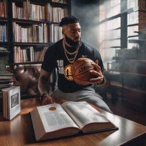 A bearded man in a sports jersey sits in a library, holding a basketball and looking at an open book about NBA games on the table. Shelves of books and a window are in the background.